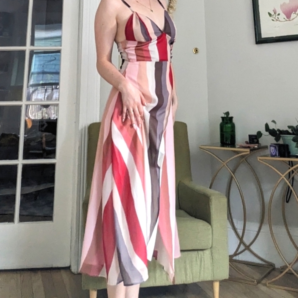 PETITE STUDIO striped red white and purple midi dress